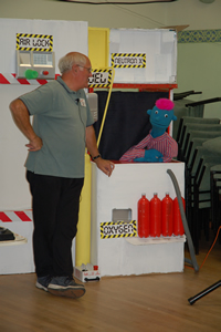 Gary (the puppet) and my father in law Mel having a conversation at Lift Off holiday club.